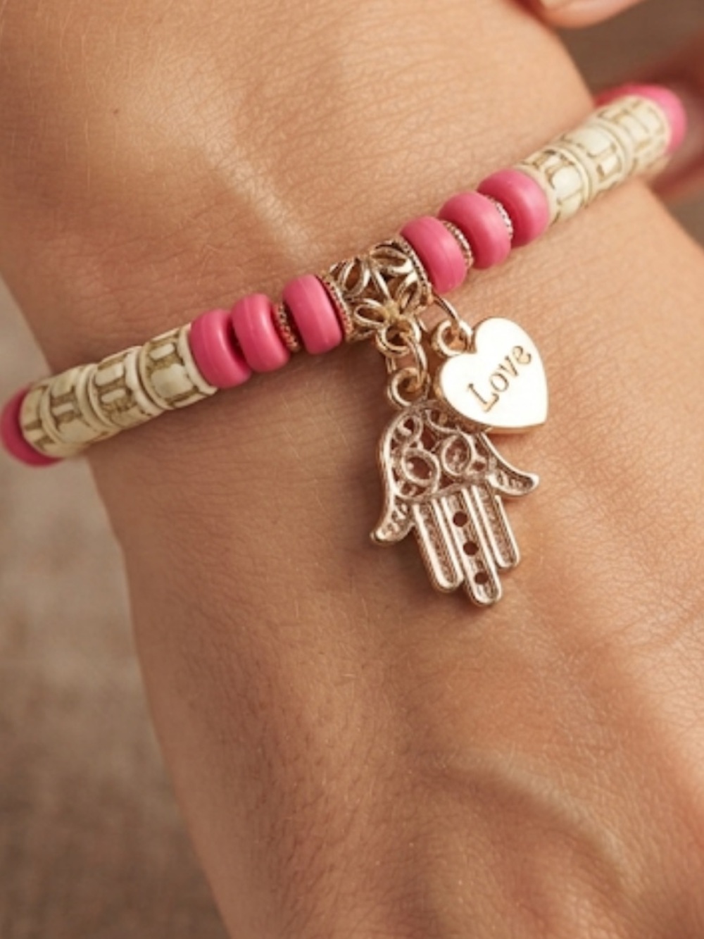 Pink Beaded Hamsa Charm Bracelet - Love Pendant